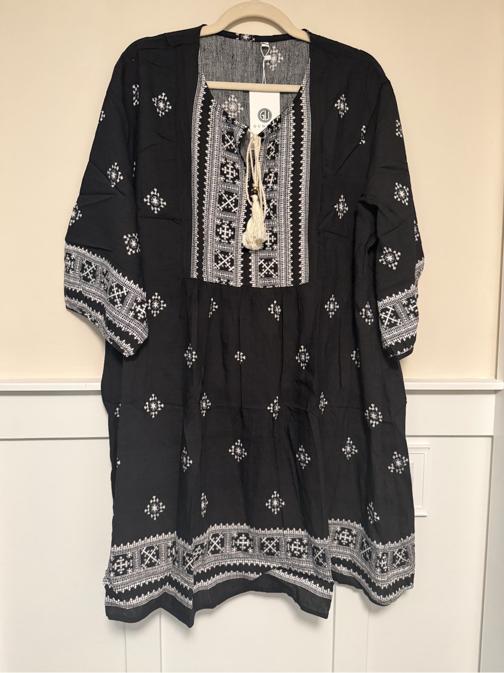 Size 2XL - Boho Embroidered Black Dress with Cream Tassel Tie